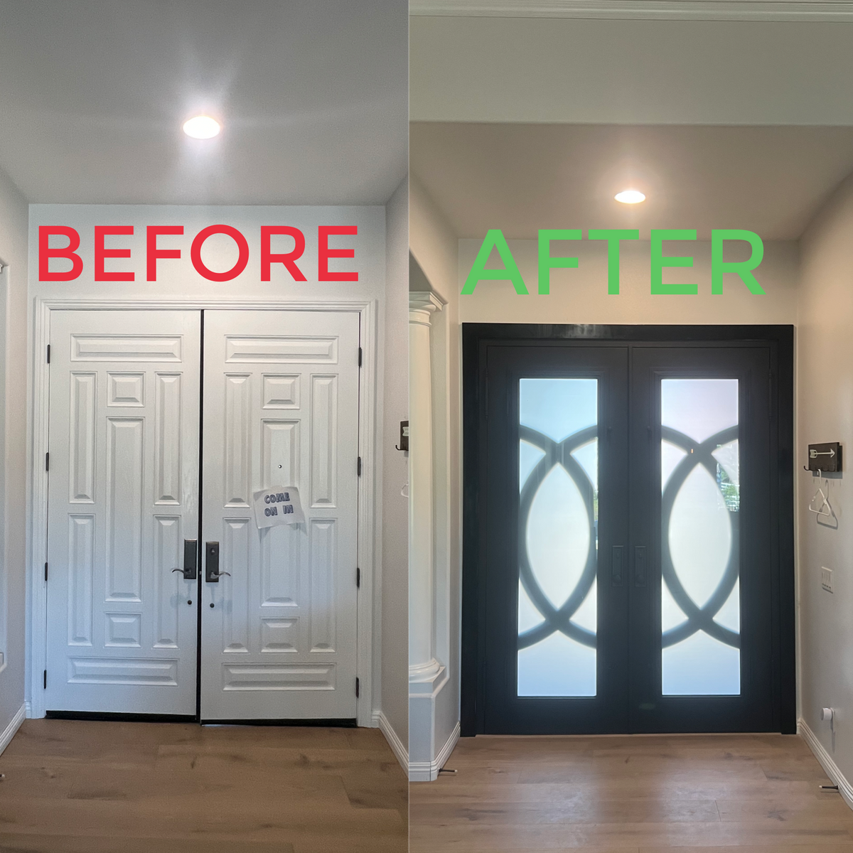 Modelo n.° C030: puerta de entrada moderna de hierro con vidrio esmerilado y luz completa, apertura a la derecha