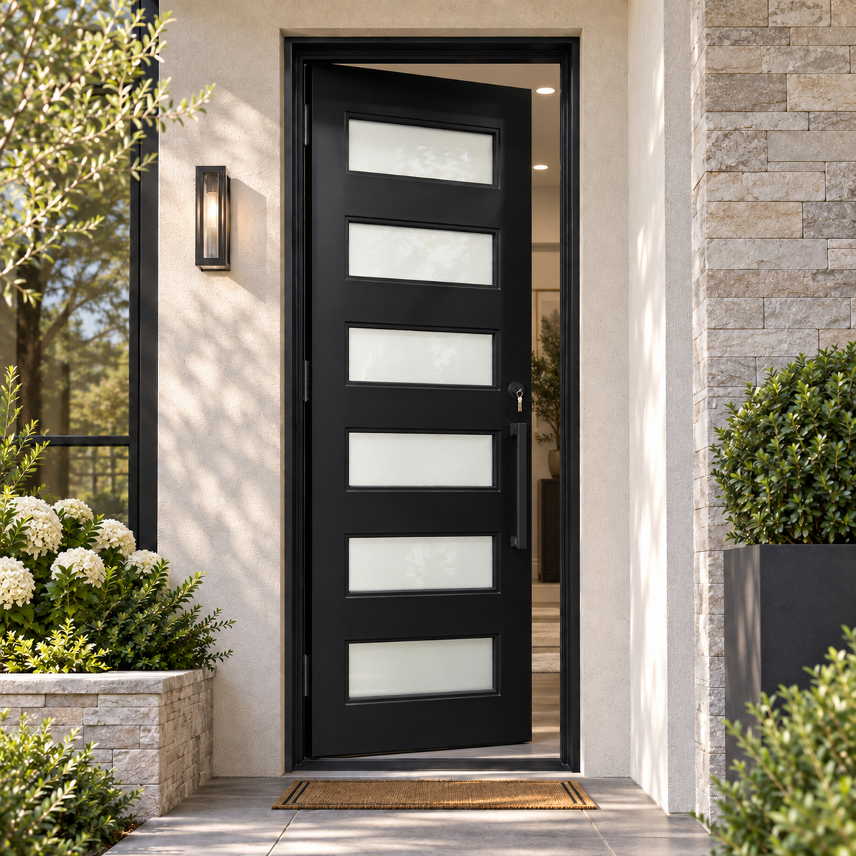 Modern Horizontal Slat Wrought Iron Single Entry Door