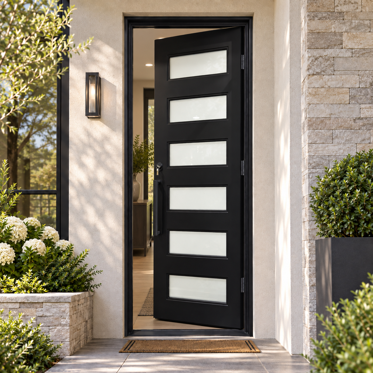 Modern Horizontal Slat Wrought Iron Single Entry Door