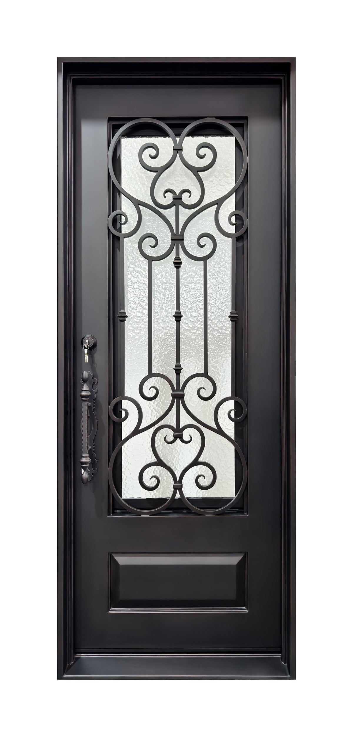 Puerta de entrada individual de hierro forjado con volutas forjadas a mano y panel inferior