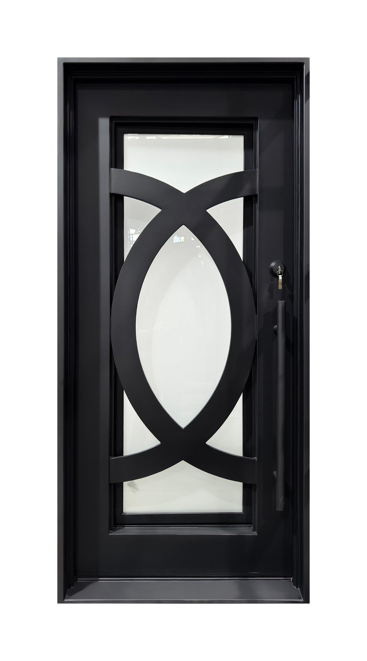 Black metal door with decorative glass panel on a white background