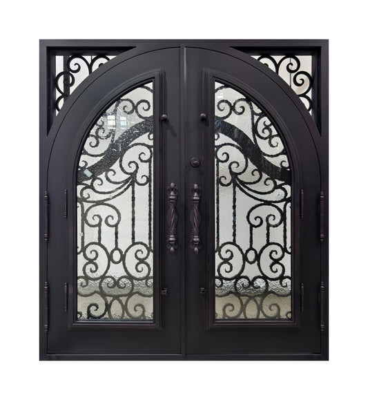 Arched Hand-Forged Scrollwork Wrought Iron Double Entry Door