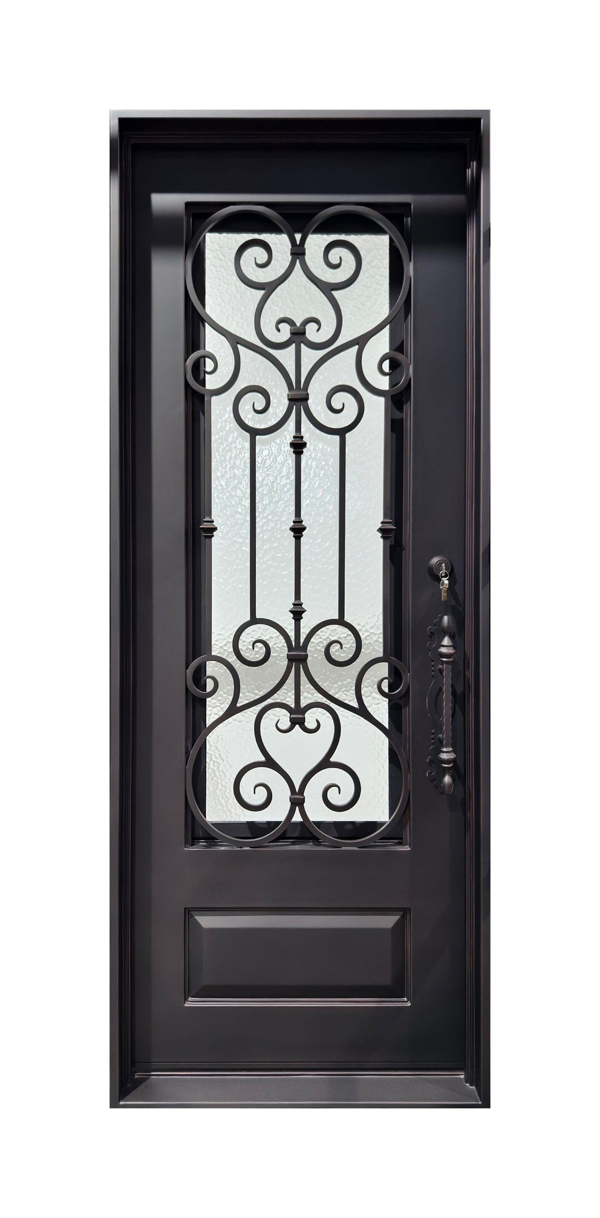 Puerta de entrada individual de hierro forjado con volutas forjadas a mano y panel inferior