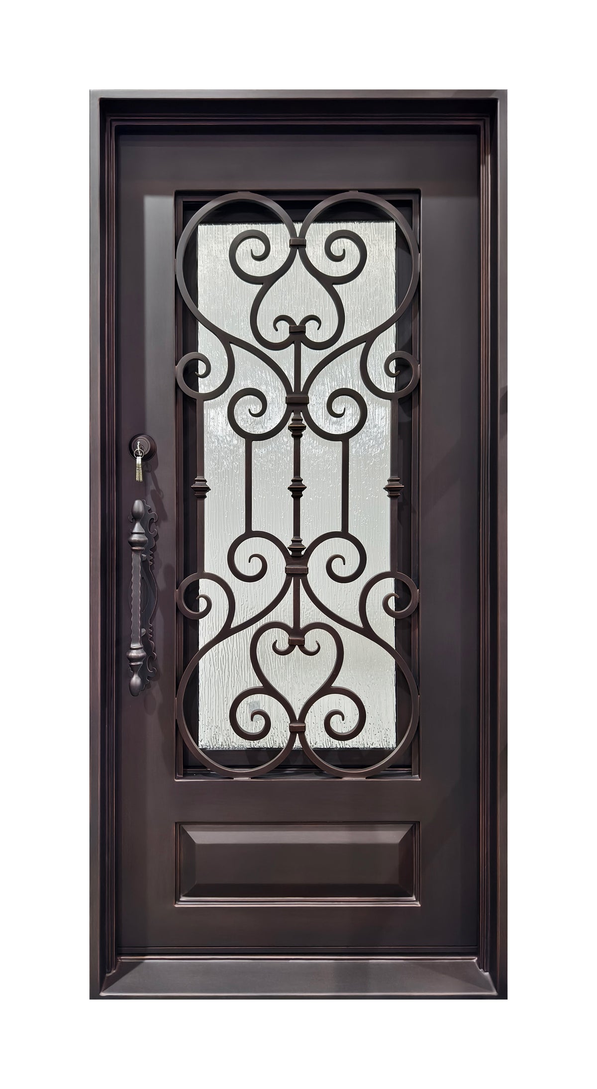 Puerta de entrada individual de hierro forjado con volutas forjadas a mano y panel inferior