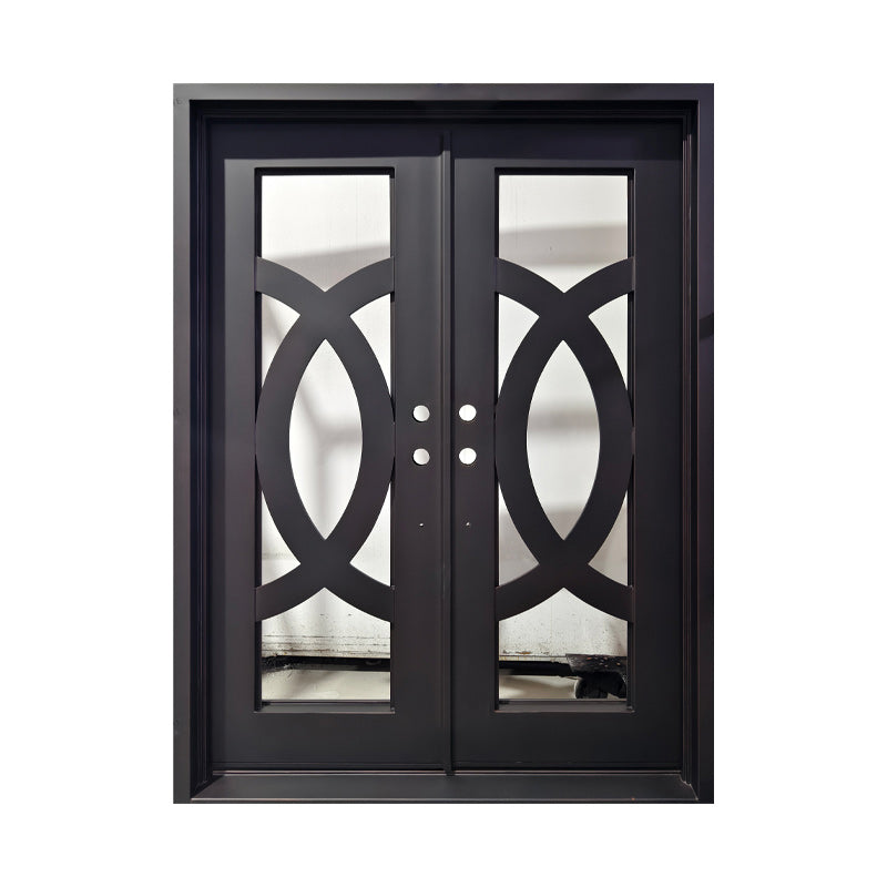 Modelo n.° C030: puerta de entrada moderna de hierro con vidrio esmerilado y luz completa, apertura a la derecha