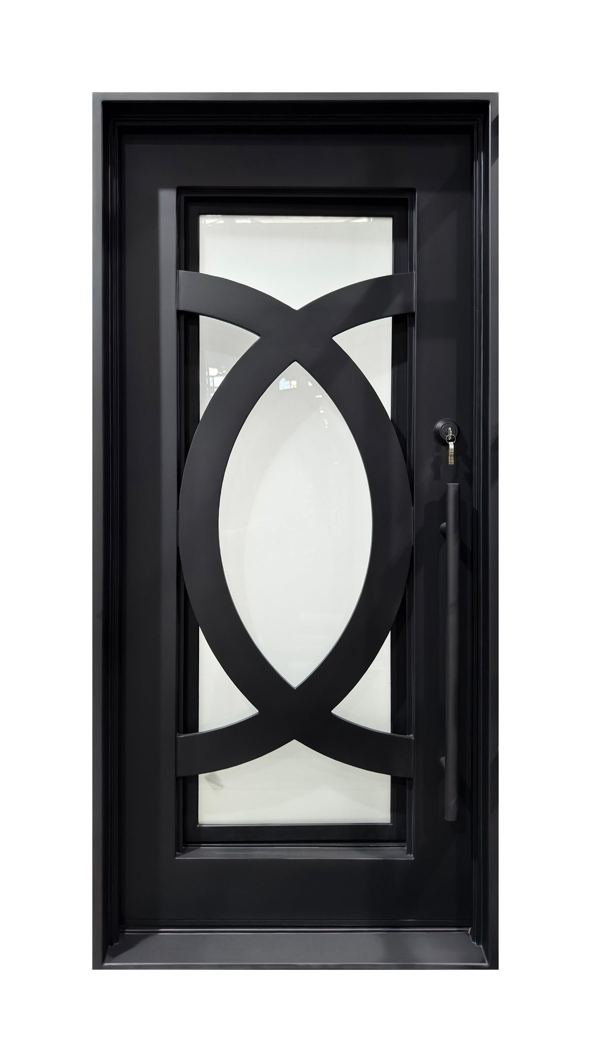 Black metal door with decorative glass panel on a white background