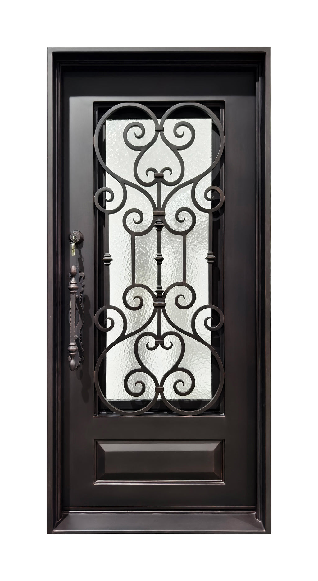 Hand-Forged Scrollwork Wrought Iron Single Entry Door with Kick Panel