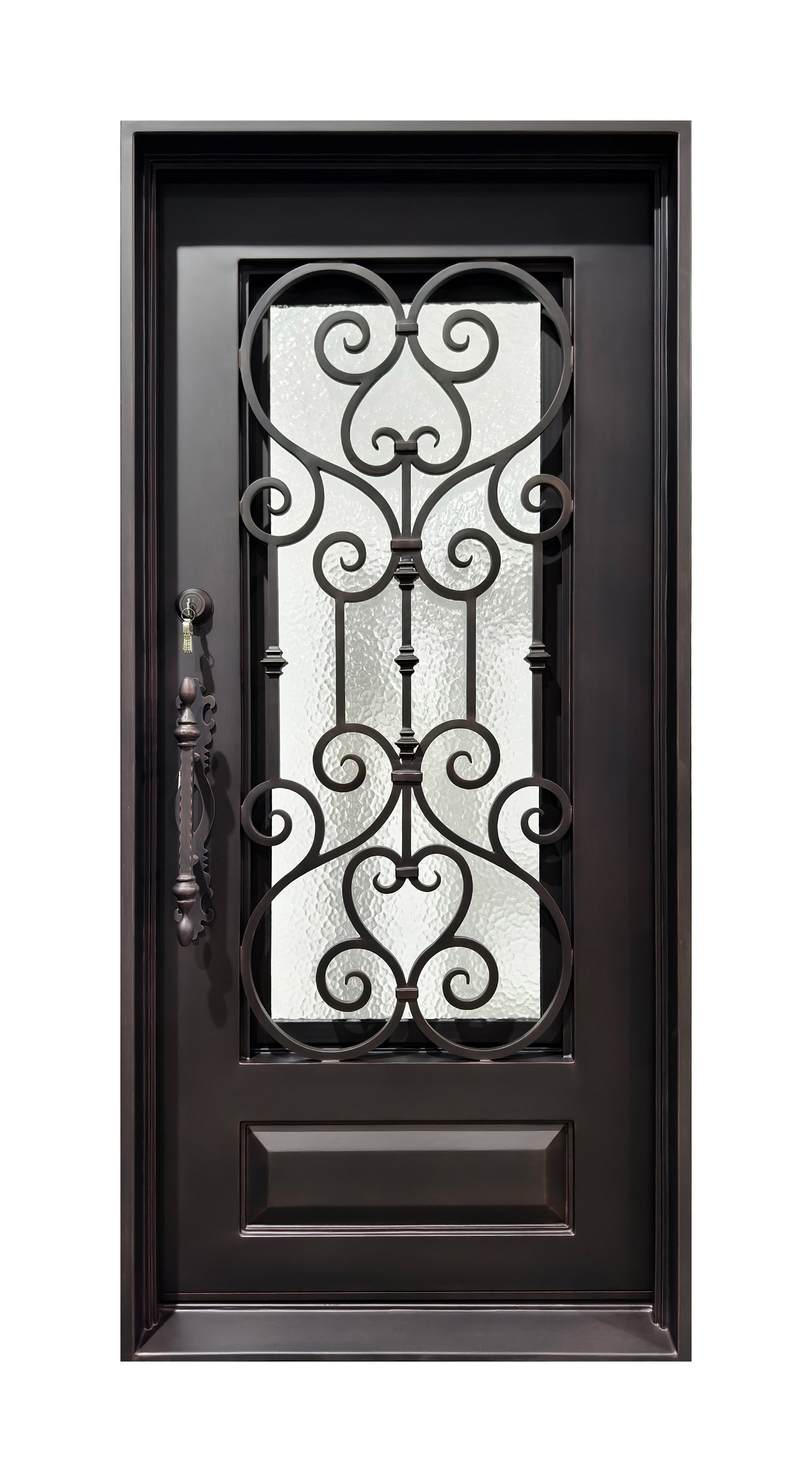 Hand-Forged Scrollwork Wrought Iron Single Entry Door with Kick Panel
