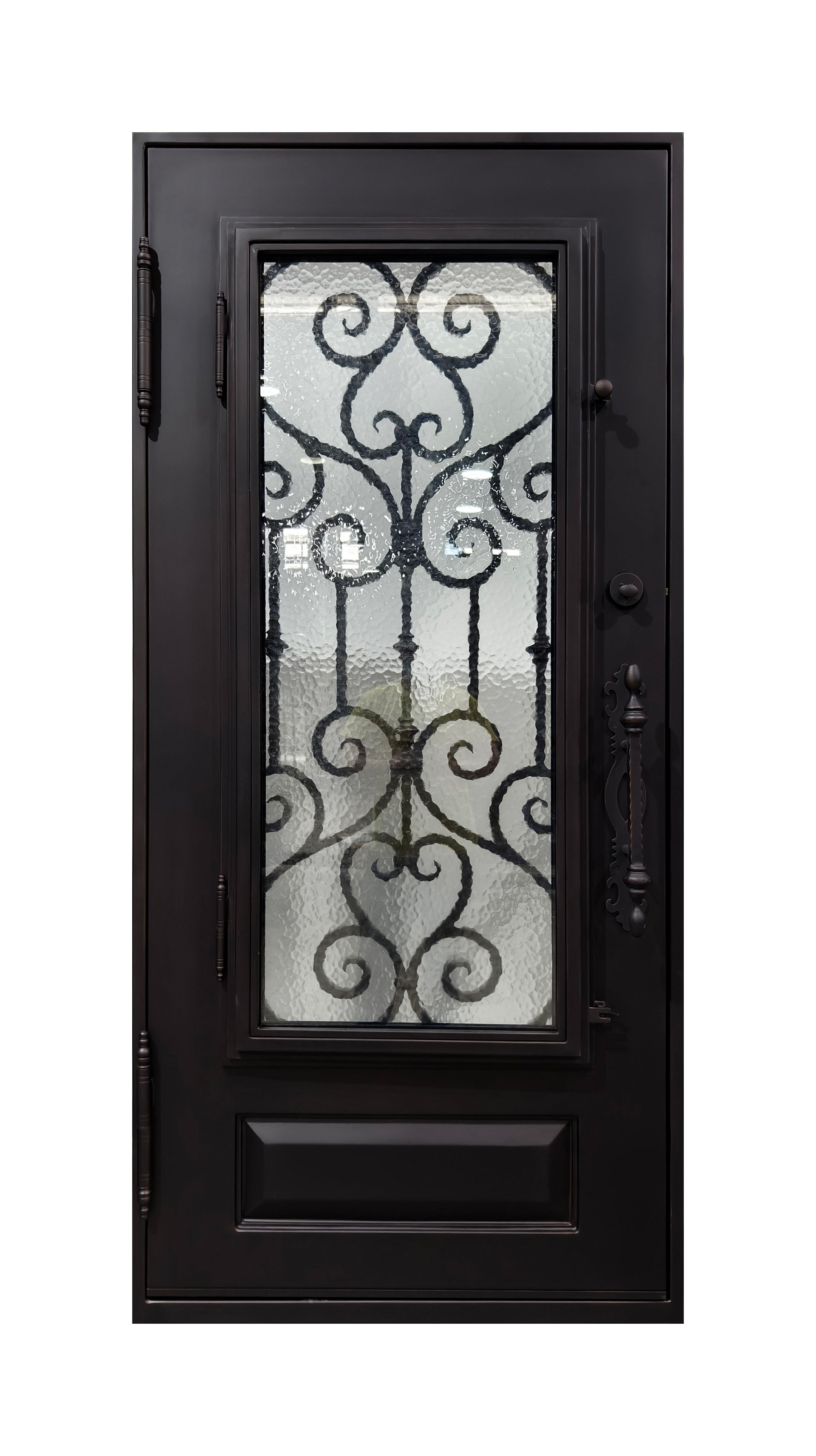 Hand-Forged Scrollwork Wrought Iron Single Entry Door with Kick Panel