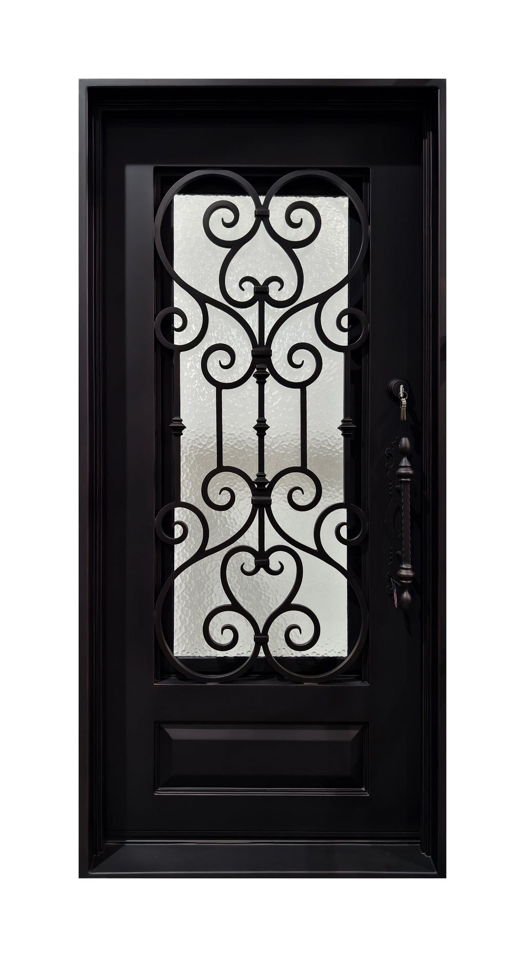 Hand-Forged Scrollwork Wrought Iron Single Entry Door with Kick Panel