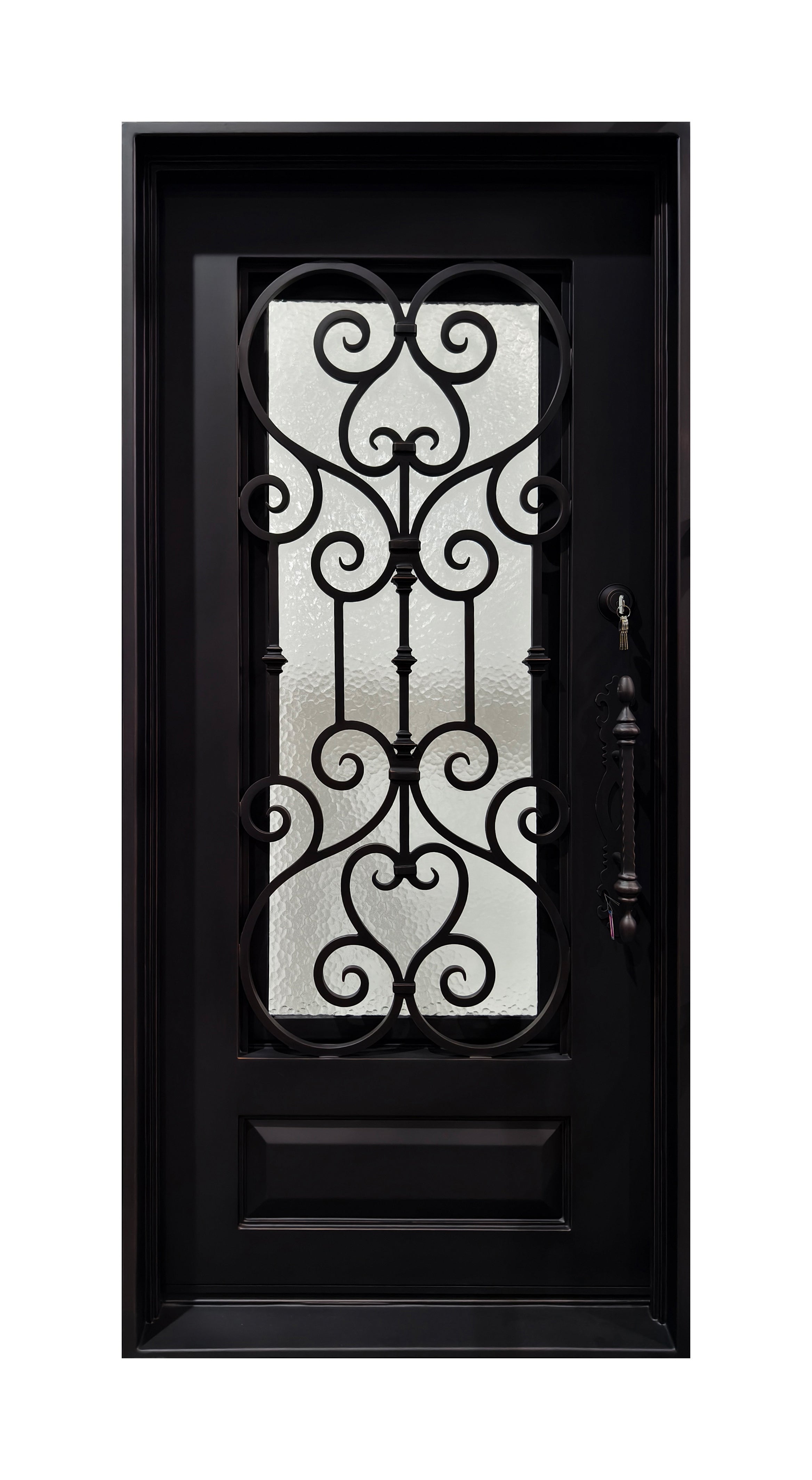Hand-Forged Scrollwork Wrought Iron Single Entry Door with Kick Panel