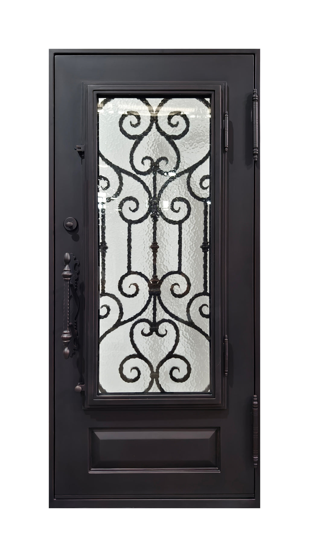 Hand-Forged Scrollwork Wrought Iron Single Entry Door with Kick Panel