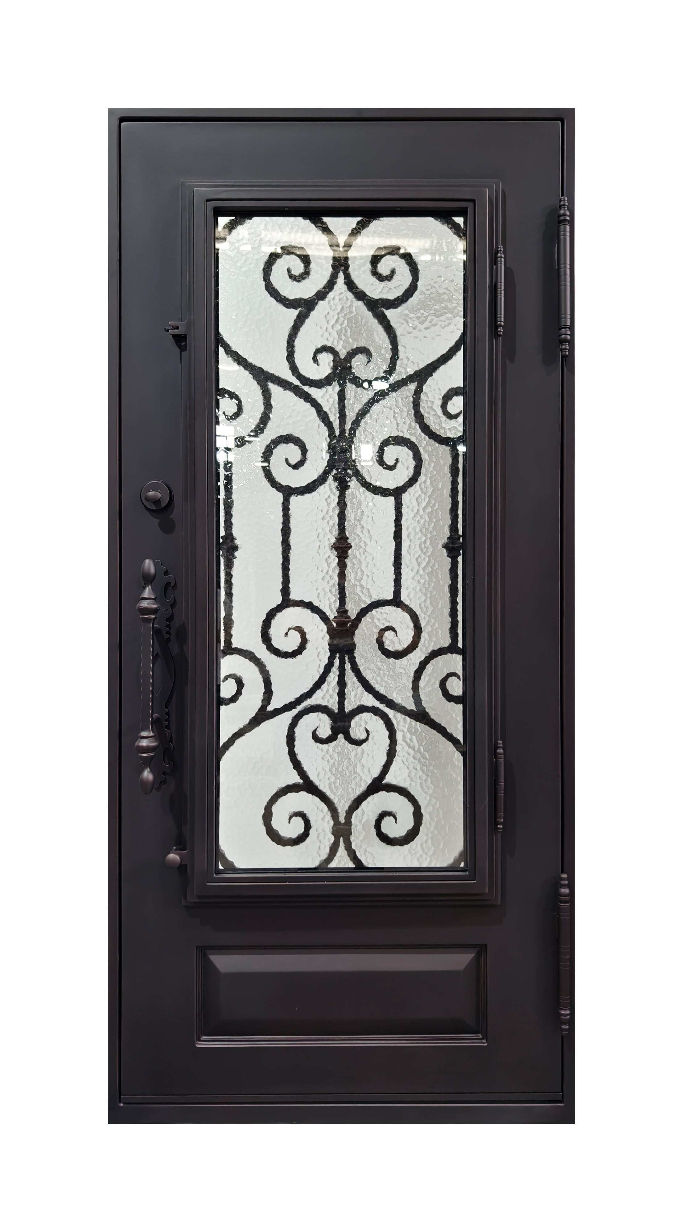 Hand-Forged Scrollwork Wrought Iron Single Entry Door with Kick Panel