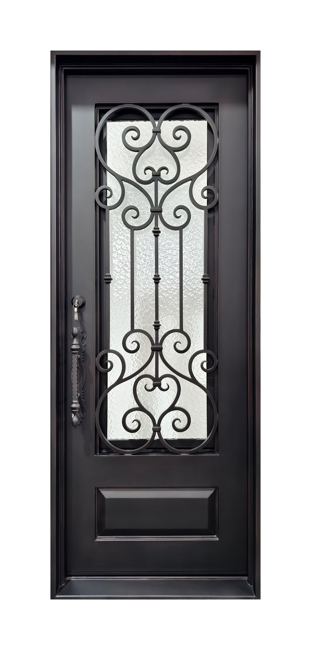 Hand-Forged Scrollwork Wrought Iron Single Entry Door with Kick Panel