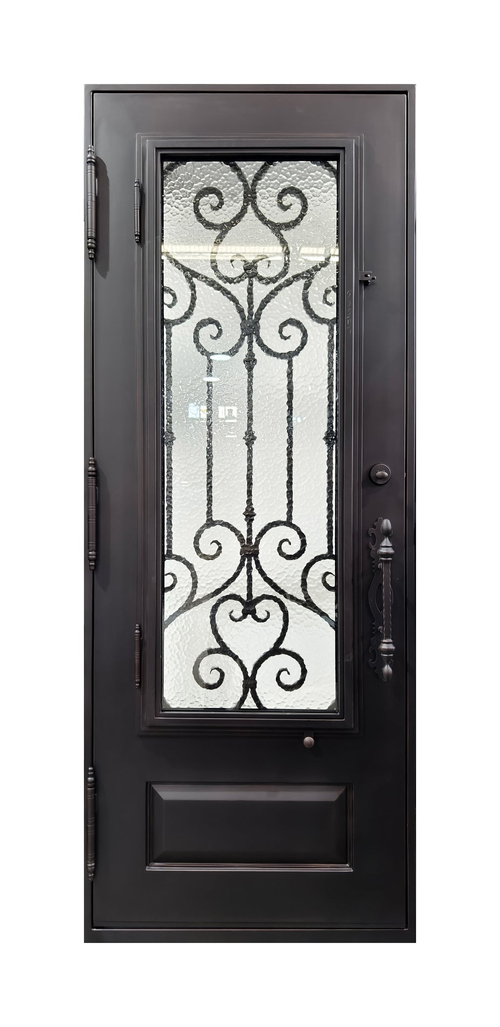 Hand-Forged Scrollwork Wrought Iron Single Entry Door with Kick Panel