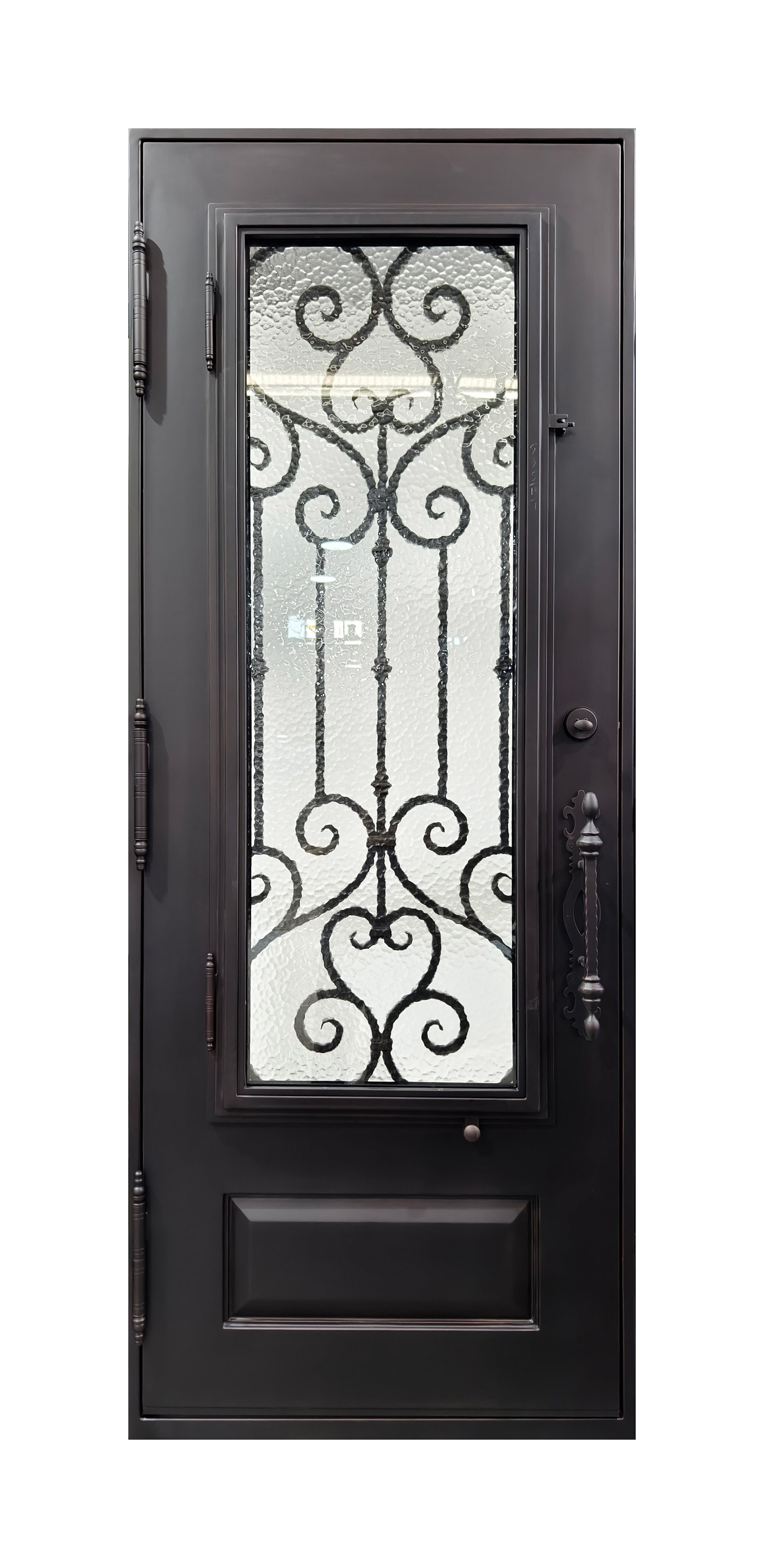 Hand-Forged Scrollwork Wrought Iron Single Entry Door with Kick Panel