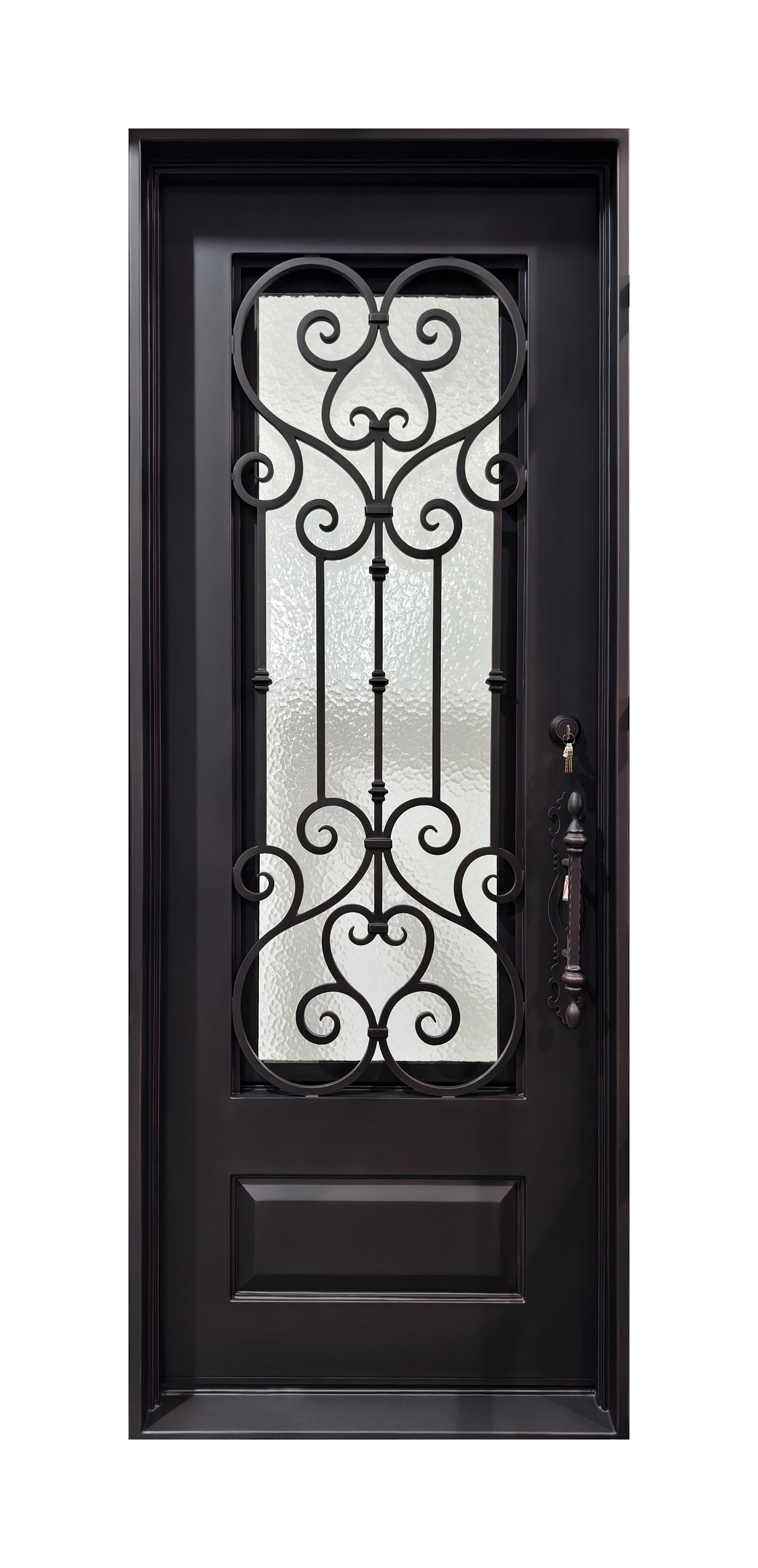 Hand-Forged Scrollwork Wrought Iron Single Entry Door with Kick Panel