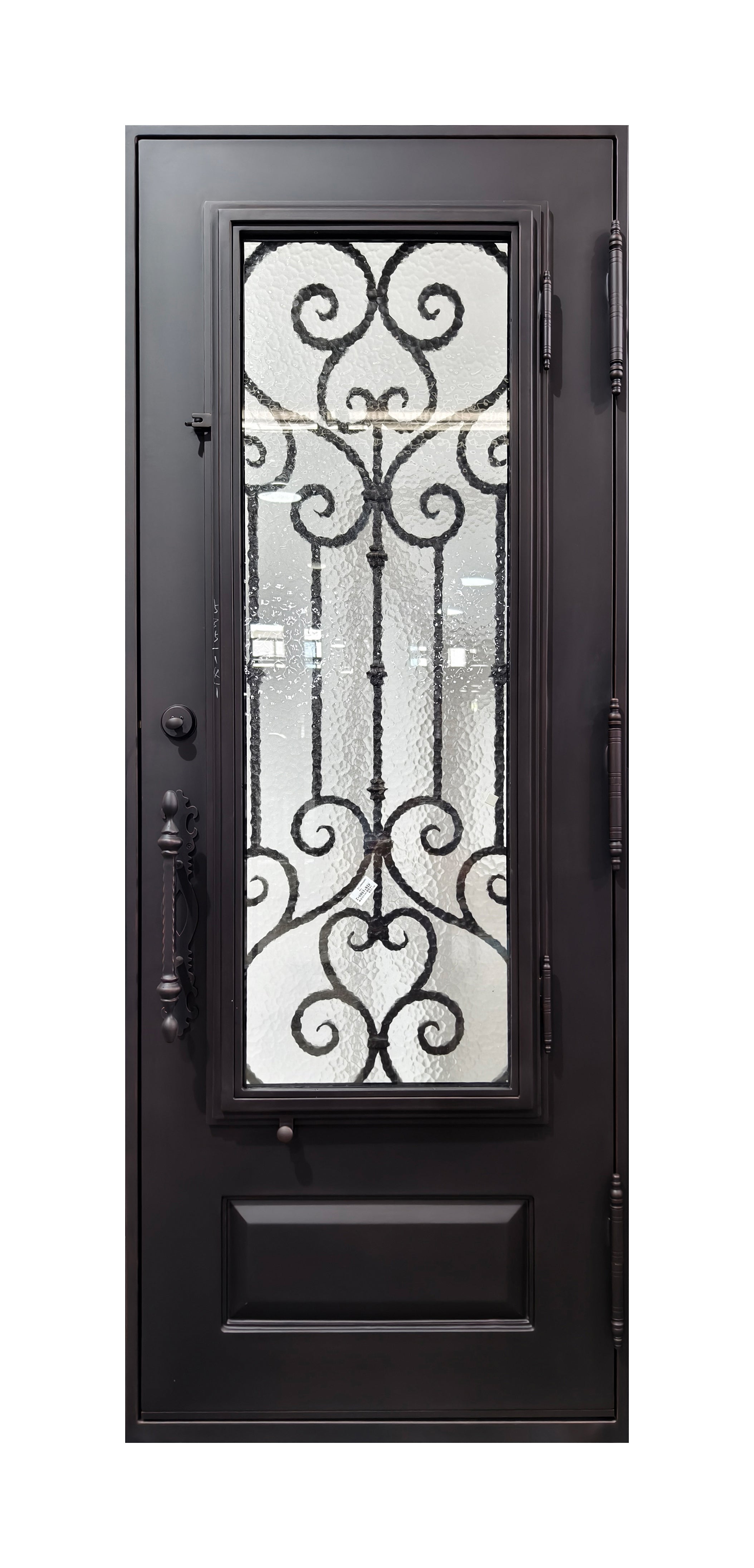 Hand-Forged Scrollwork Wrought Iron Single Entry Door with Kick Panel