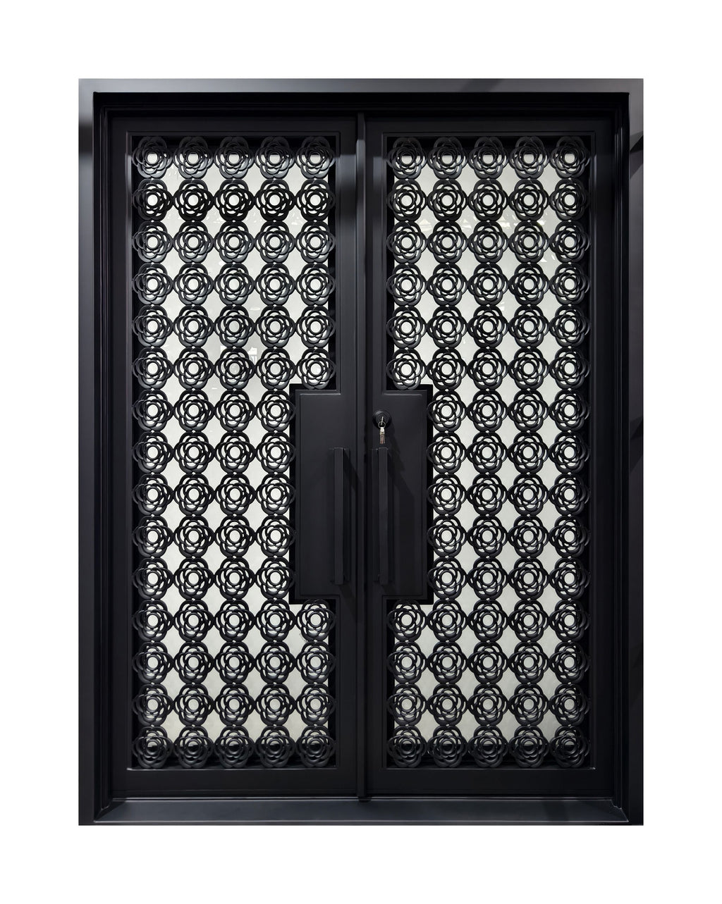 Geometric Lattice Wrought Iron Double Entry Door