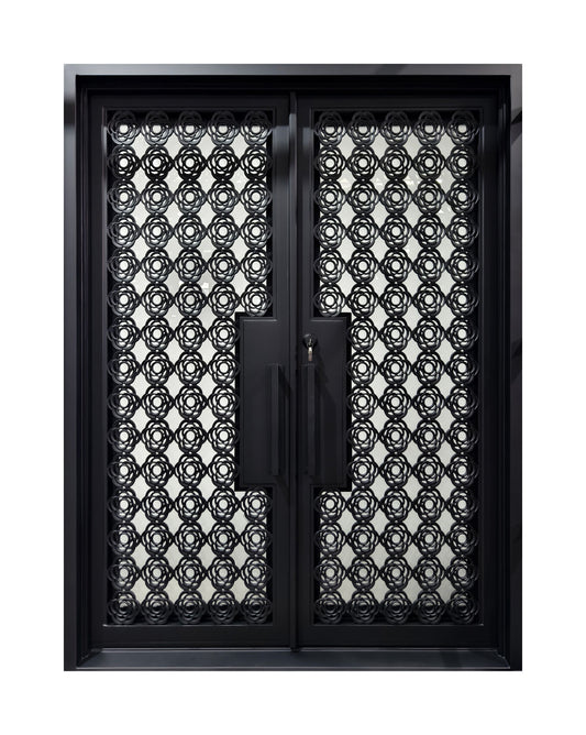 Geometric Lattice Wrought Iron Double Entry Door