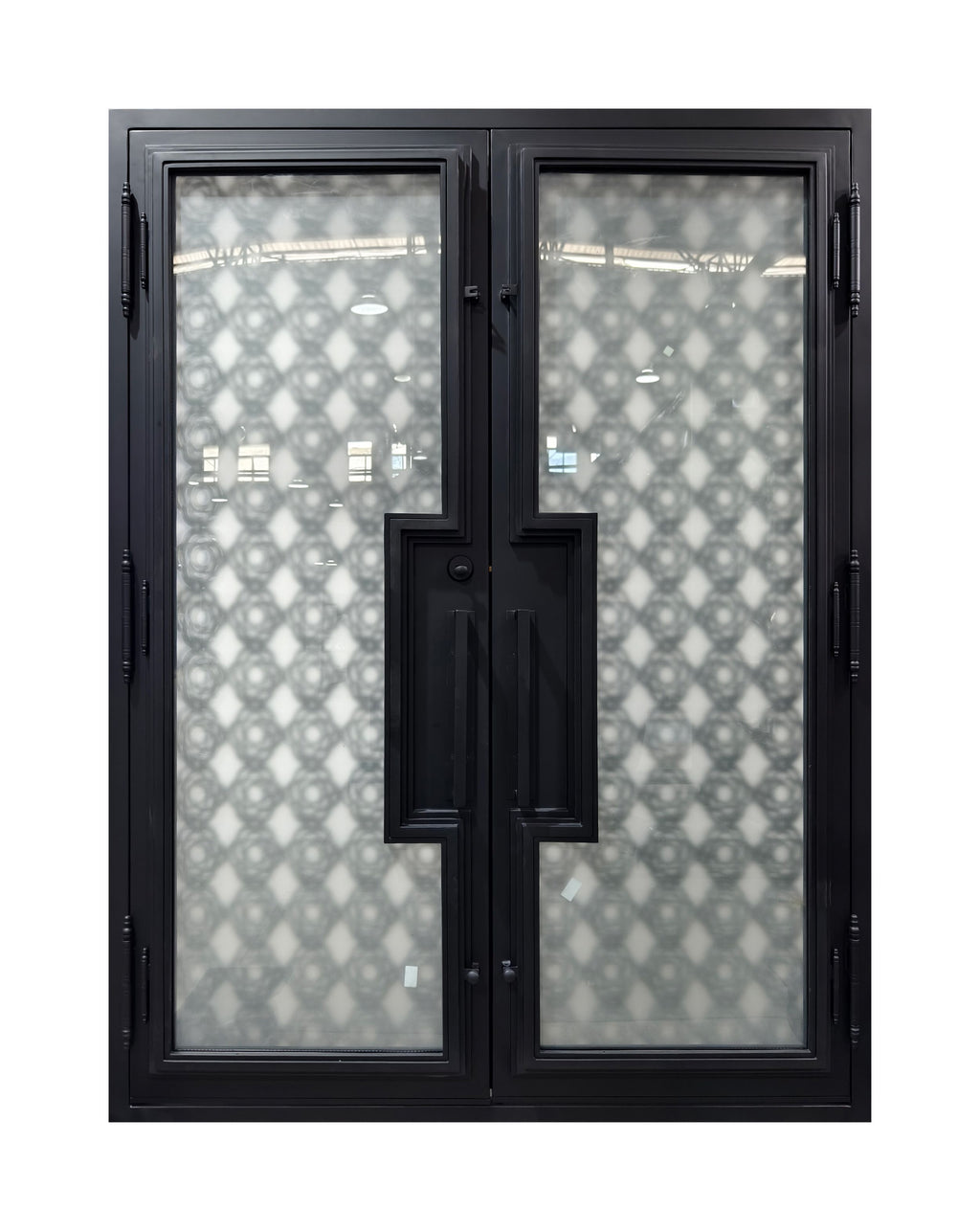 Geometric Lattice Wrought Iron Double Entry Door
