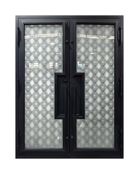 Geometric Lattice Wrought Iron Double Entry Door
