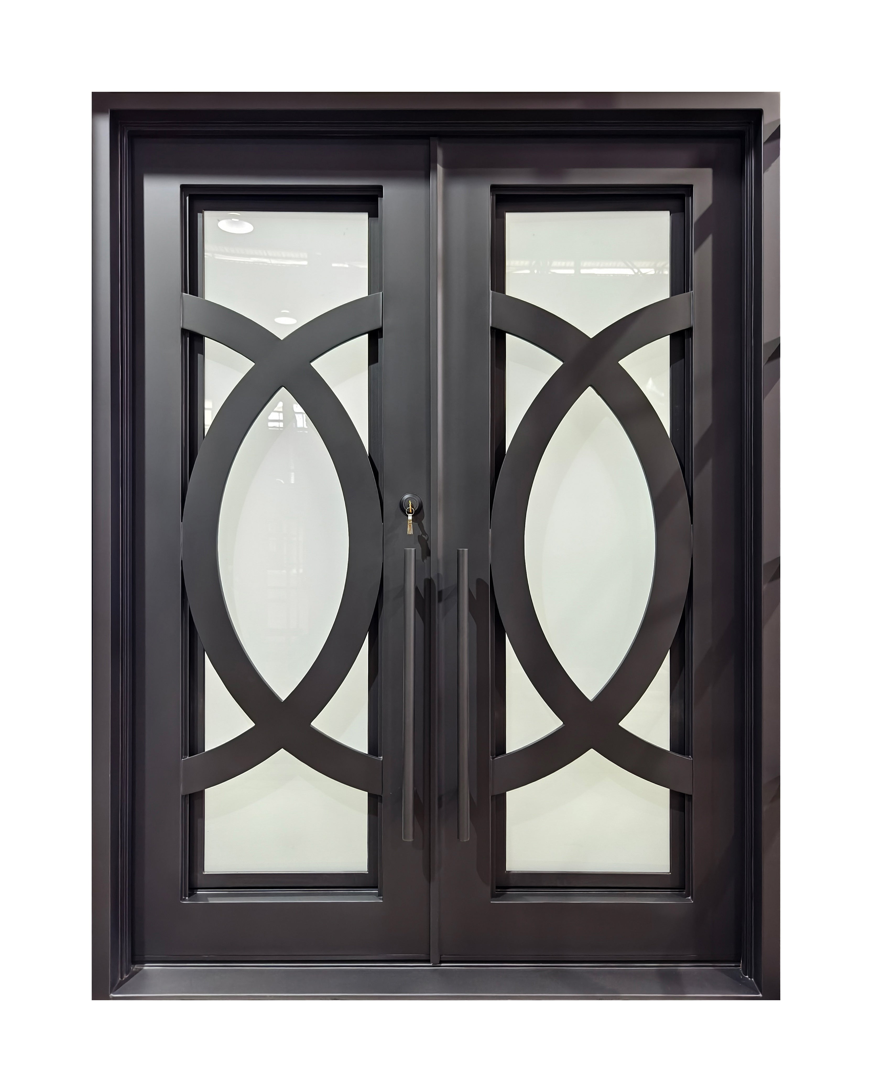Modern Geometric Wrought Iron Double Entry Door