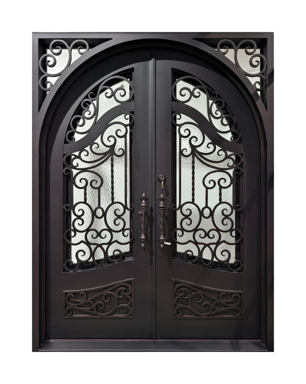 Arched Hand-Forged Scrollwork Wrought Iron Double Entry Door