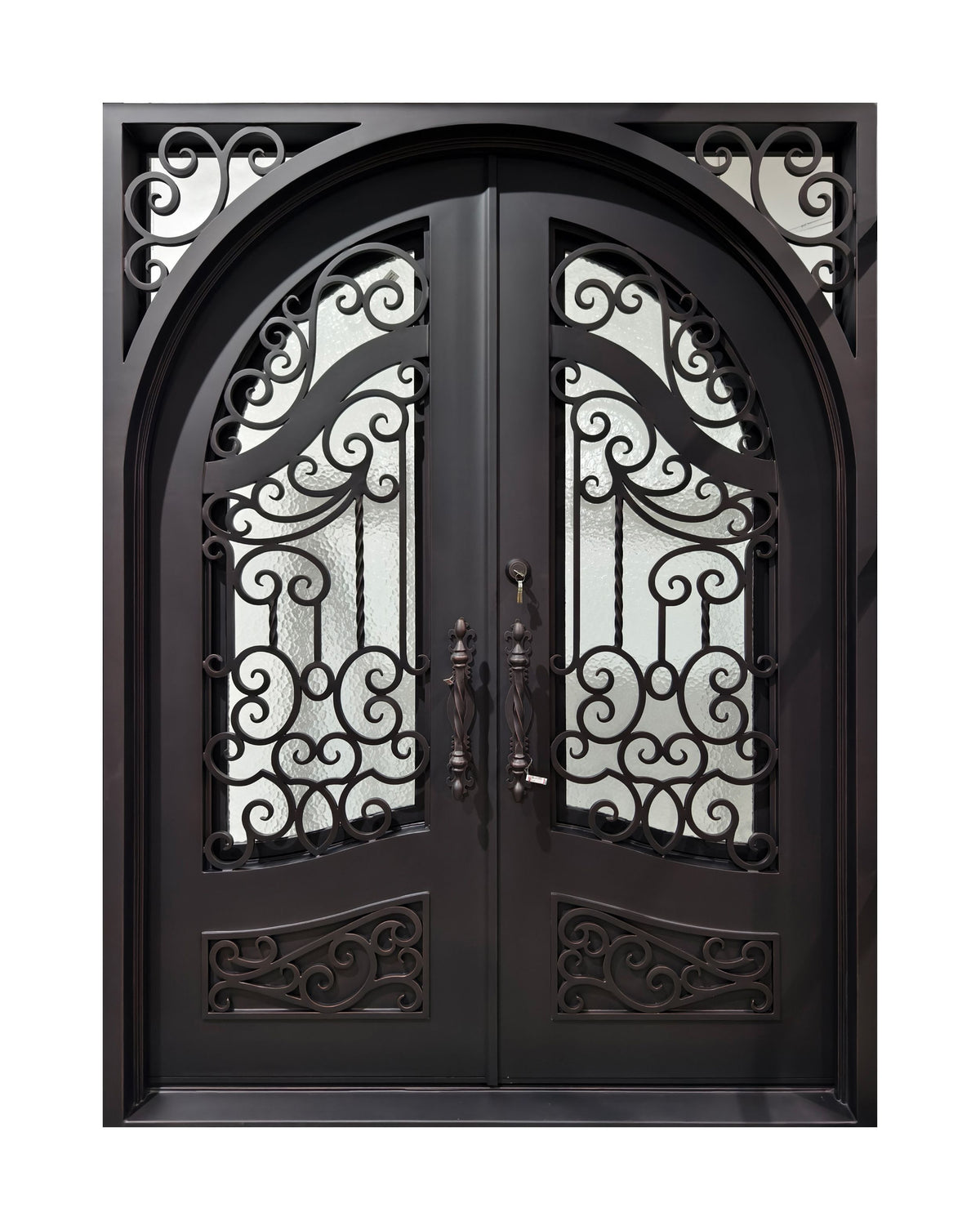 Arched Hand-Forged Scrollwork Wrought Iron Double Entry Door
