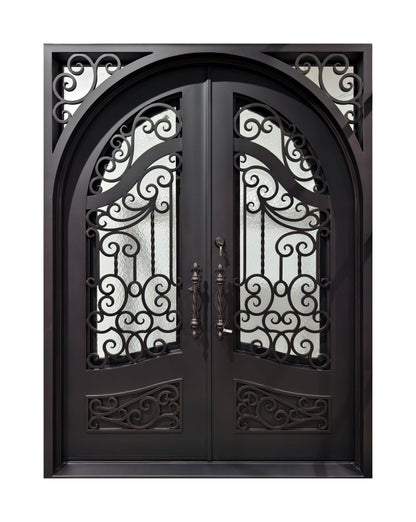 Arched Hand-Forged Scrollwork Wrought Iron Double Entry Door
