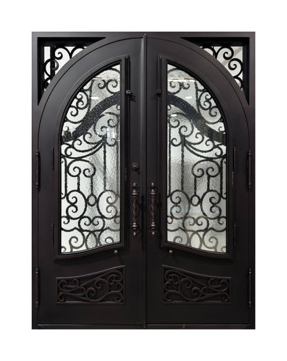Arched Hand-Forged Scrollwork Wrought Iron Double Entry Door