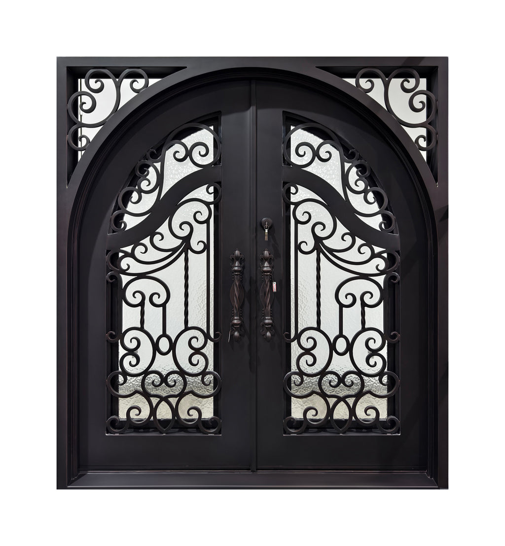 Arched Hand-Forged Scrollwork Wrought Iron Double Entry Door
