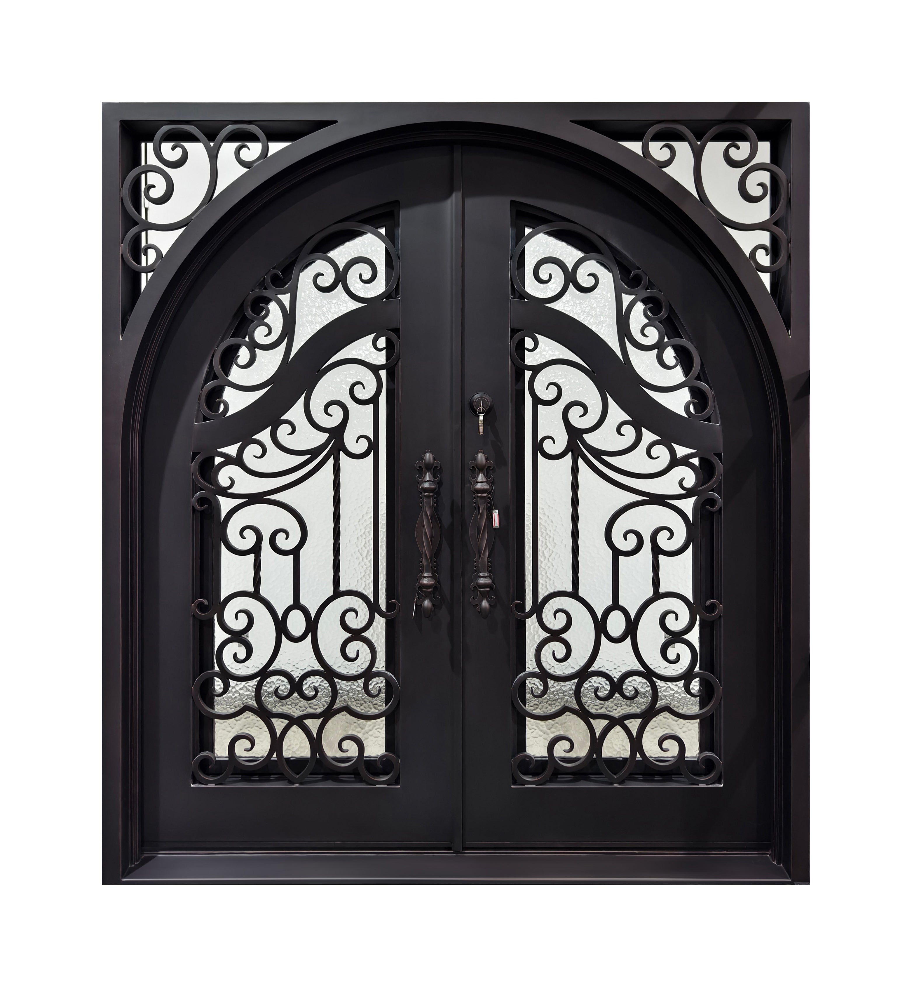 Arched Hand-Forged Scrollwork Wrought Iron Double Entry Door