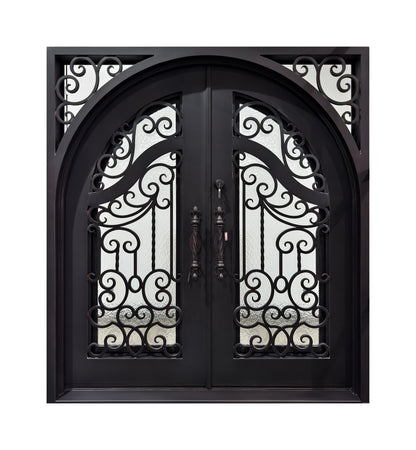 Arched Hand-Forged Scrollwork Wrought Iron Double Entry Door