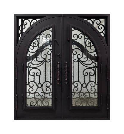 Arched Hand-Forged Scrollwork Wrought Iron Double Entry Door