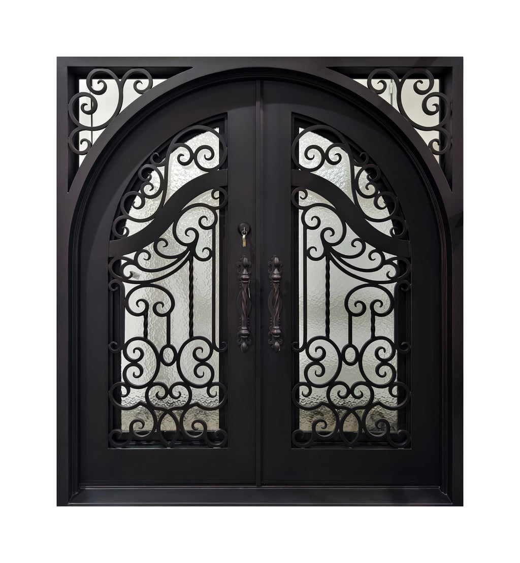 Arched Hand-Forged Scrollwork Wrought Iron Double Entry Door