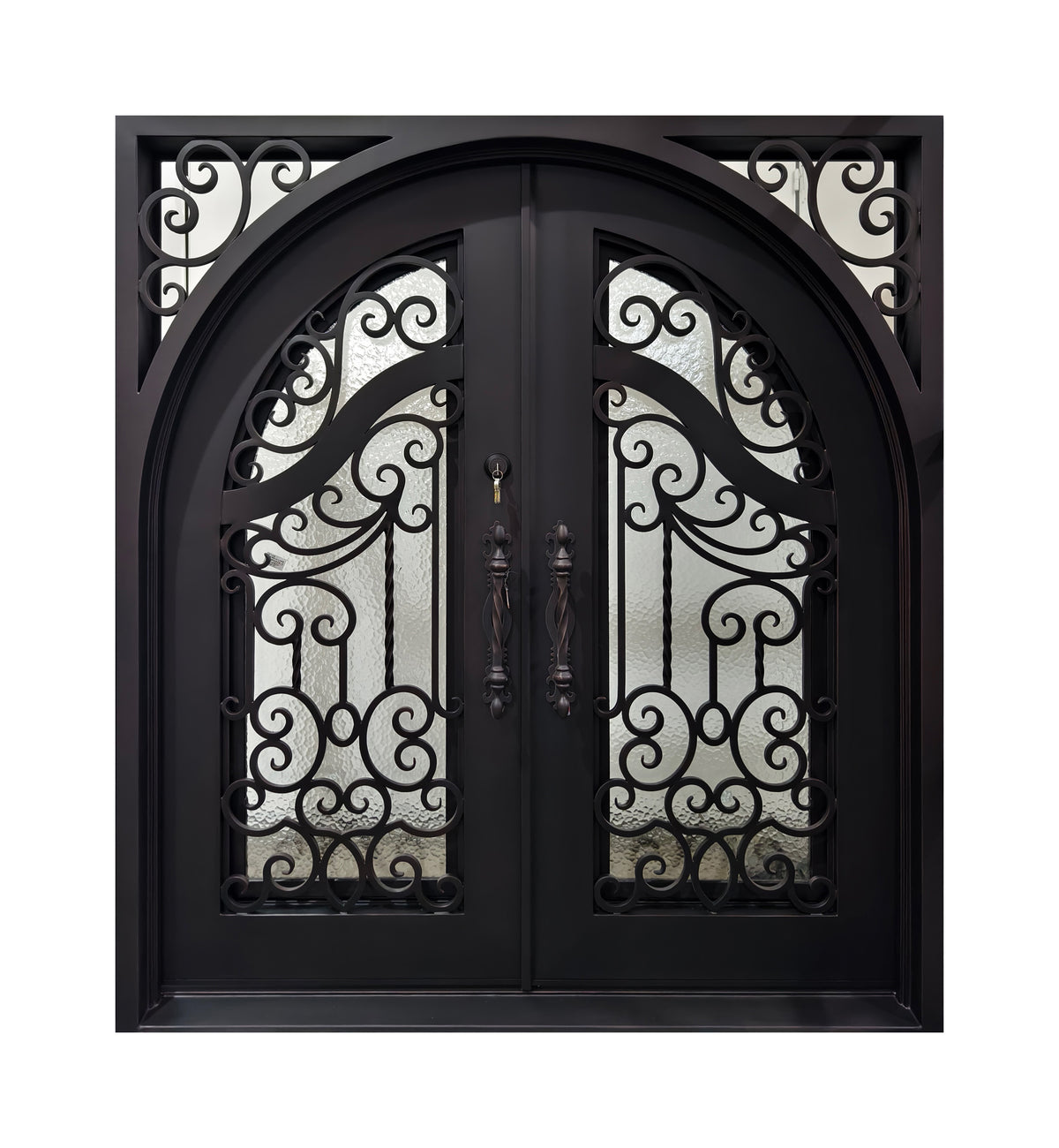 Arched Hand-Forged Scrollwork Wrought Iron Double Entry Door