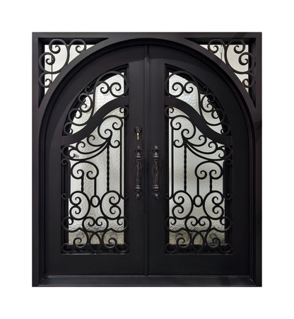 Arched Hand-Forged Scrollwork Wrought Iron Double Entry Door