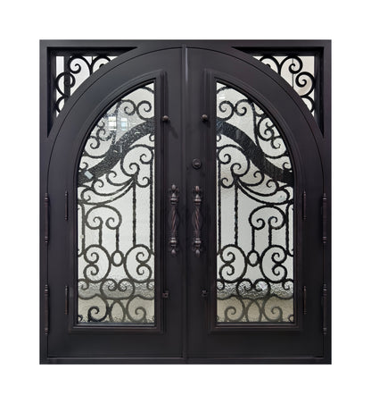 Arched Hand-Forged Scrollwork Wrought Iron Double Entry Door