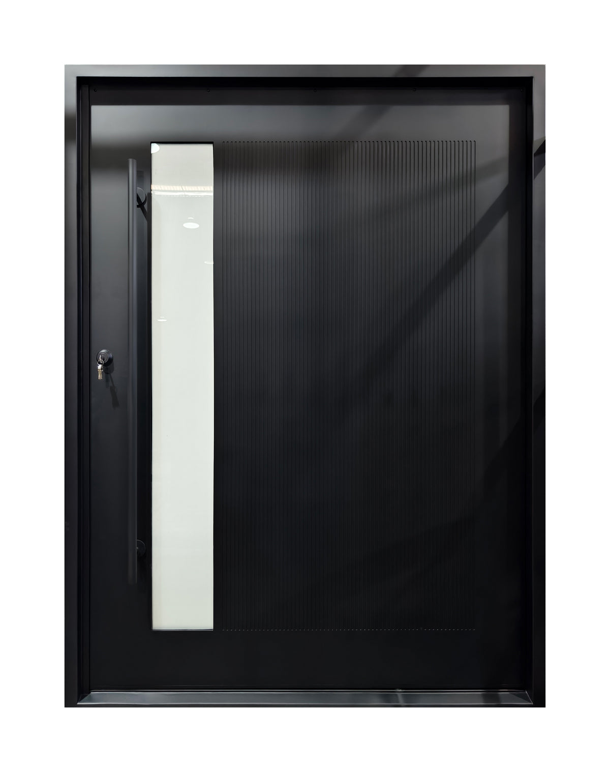 Contemporary Reeded Glass Wrought Iron Single Entry Door