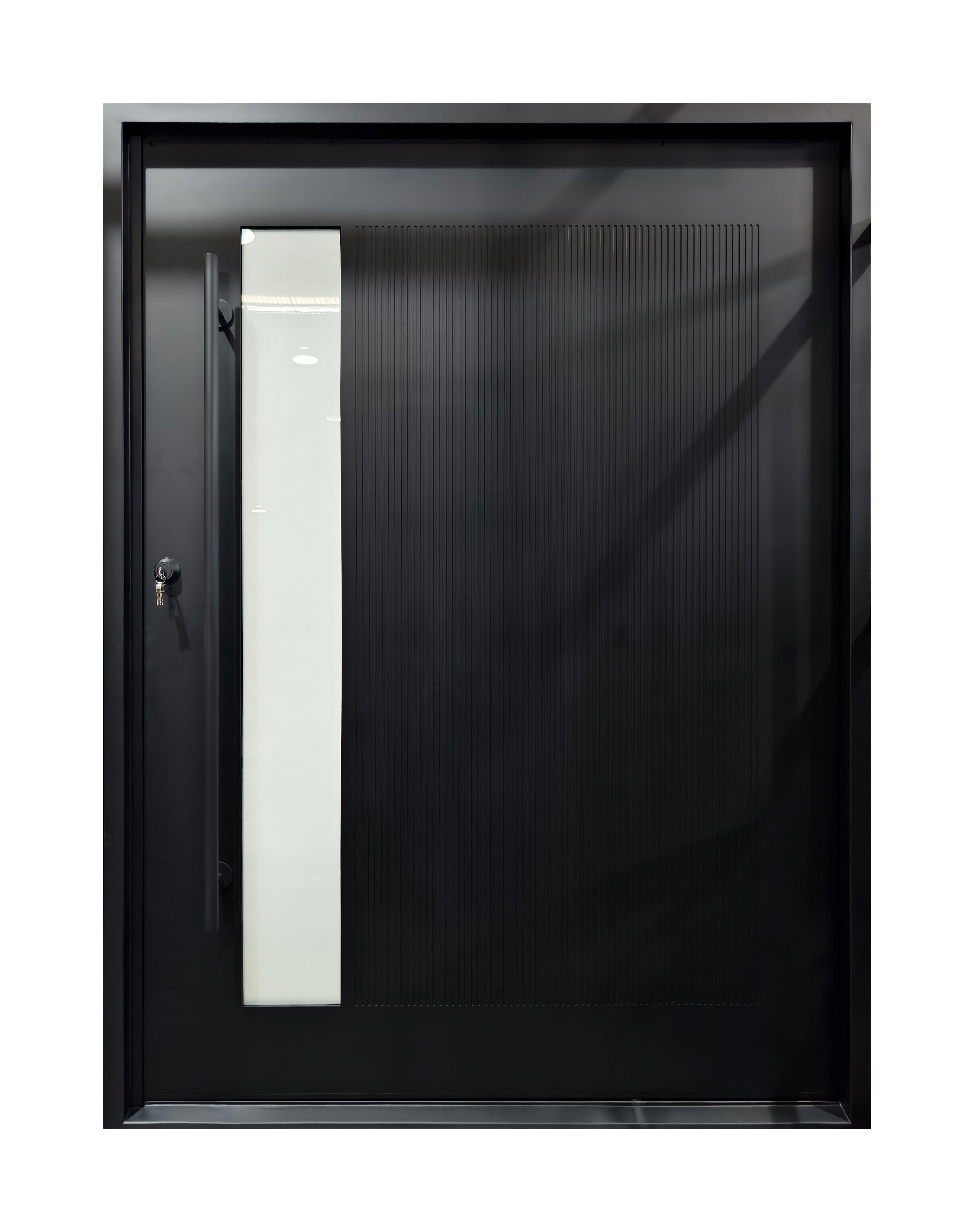 Contemporary Reeded Glass Wrought Iron Single Entry Door