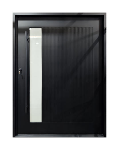 Contemporary Reeded Glass Wrought Iron Single Entry Door