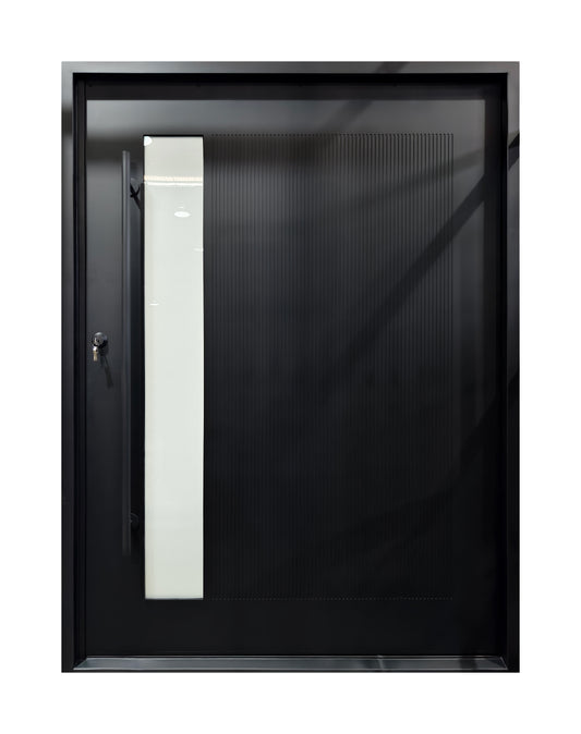 Contemporary Reeded Glass Wrought Iron Single Entry Door