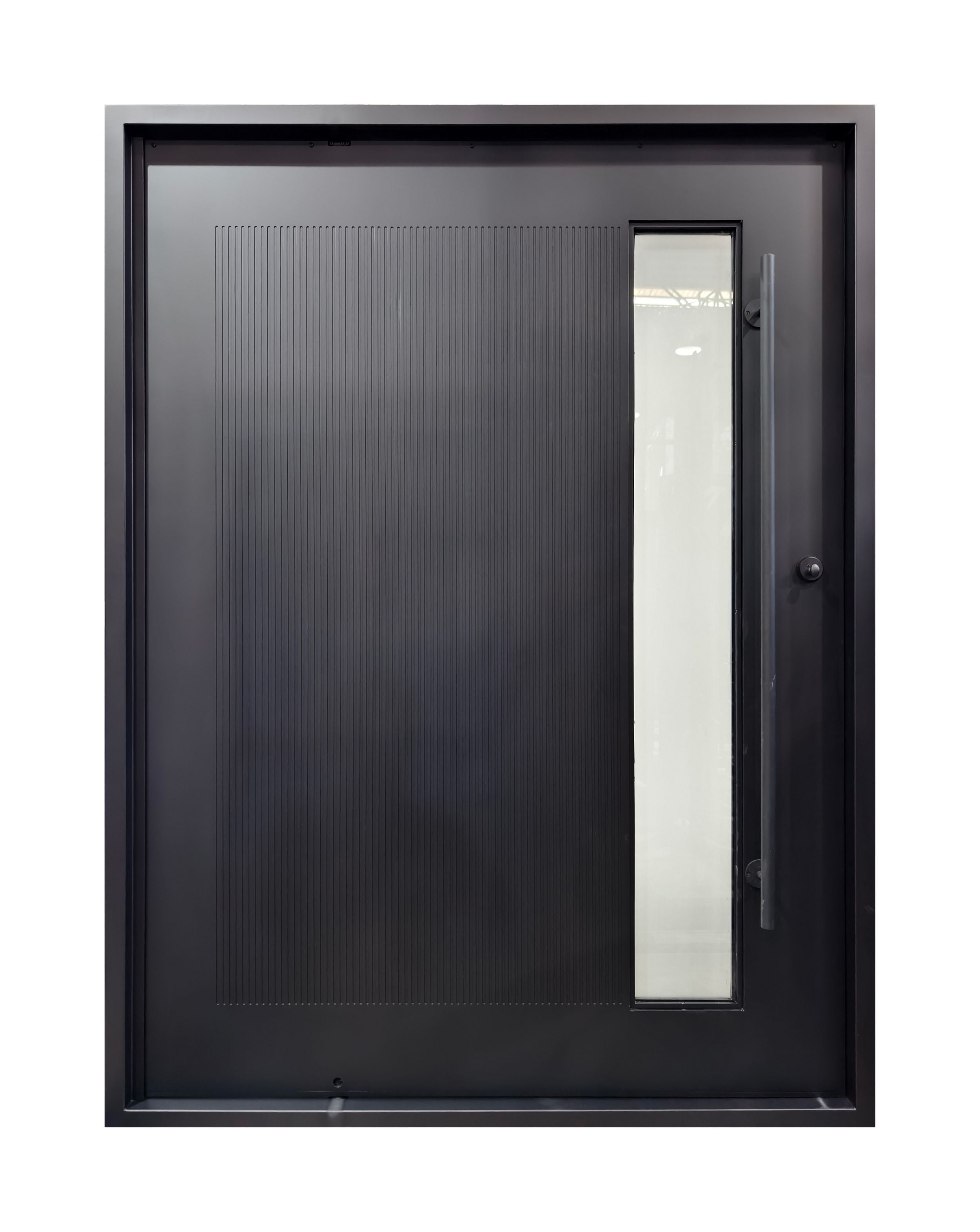 Contemporary Reeded Glass Wrought Iron Single Entry Door