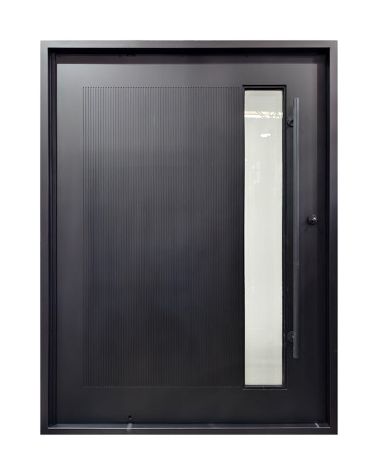 Contemporary Reeded Glass Wrought Iron Single Entry Door