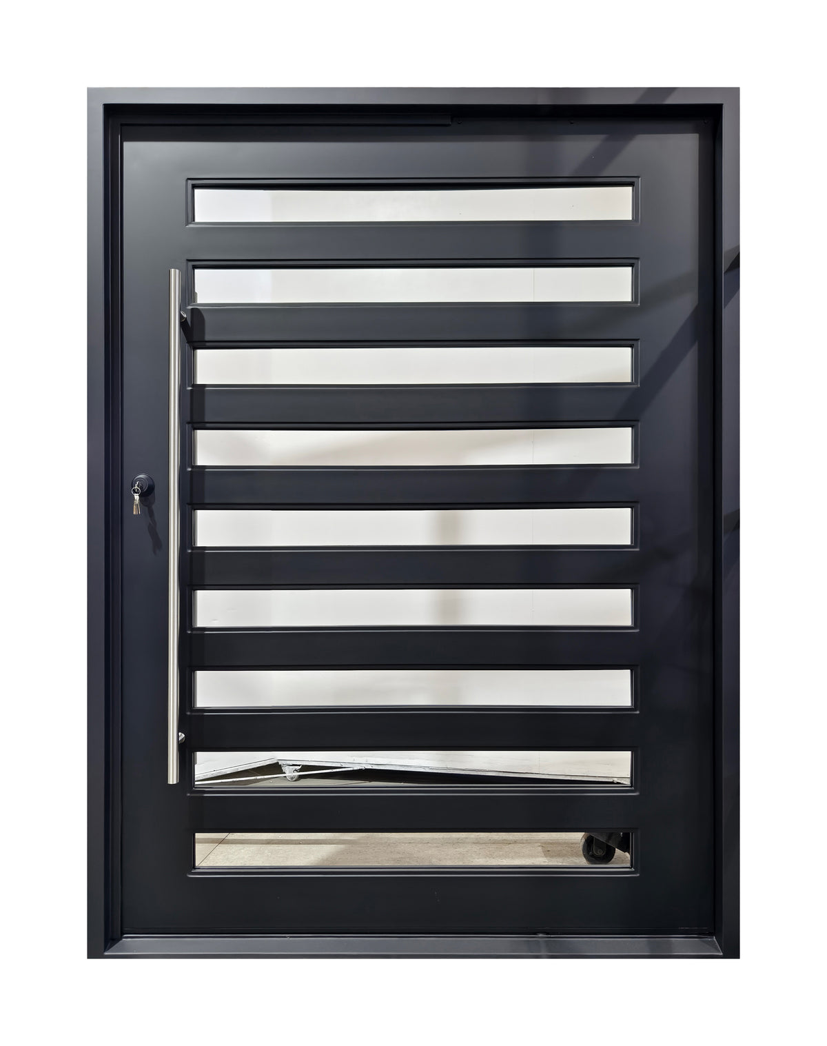 Extra-Wide Horizontal Slat Wrought Iron Single Entry Door