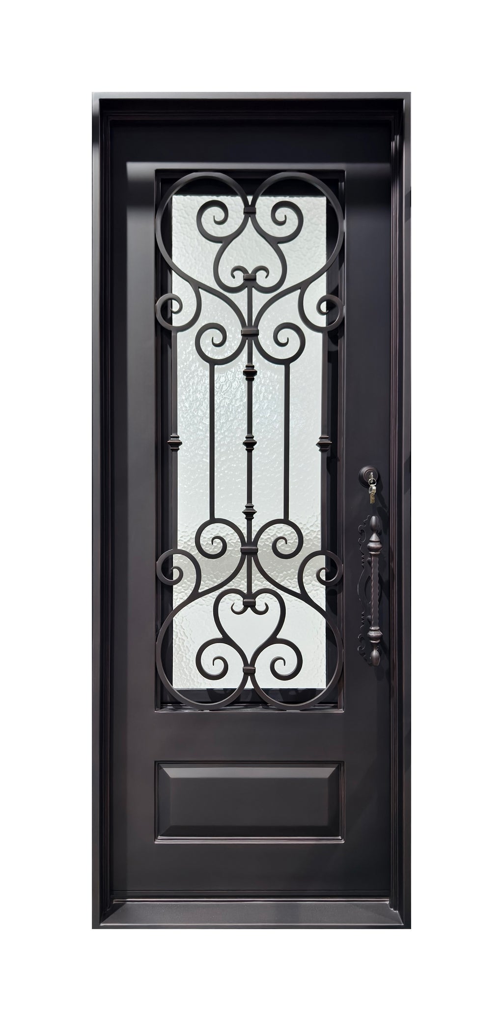 Hand-Forged Scrollwork Wrought Iron Single Entry Door with Kick Panel