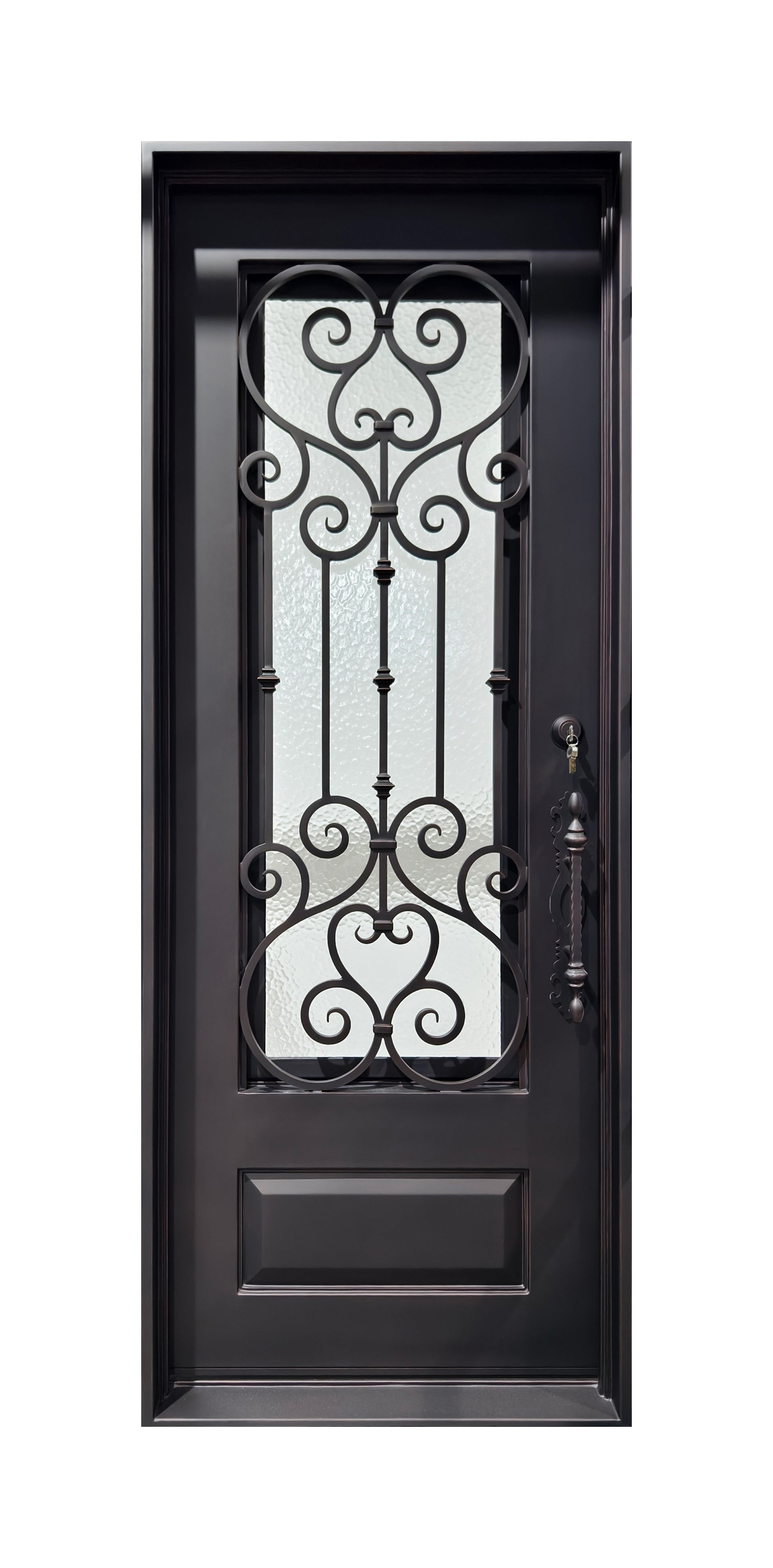 Hand-Forged Scrollwork Wrought Iron Single Entry Door with Kick Panel