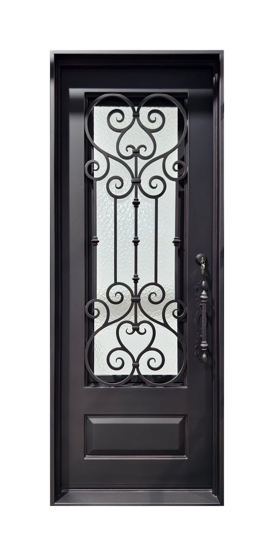 Hand-Forged Scrollwork Wrought Iron Single Entry Door with Kick Panel