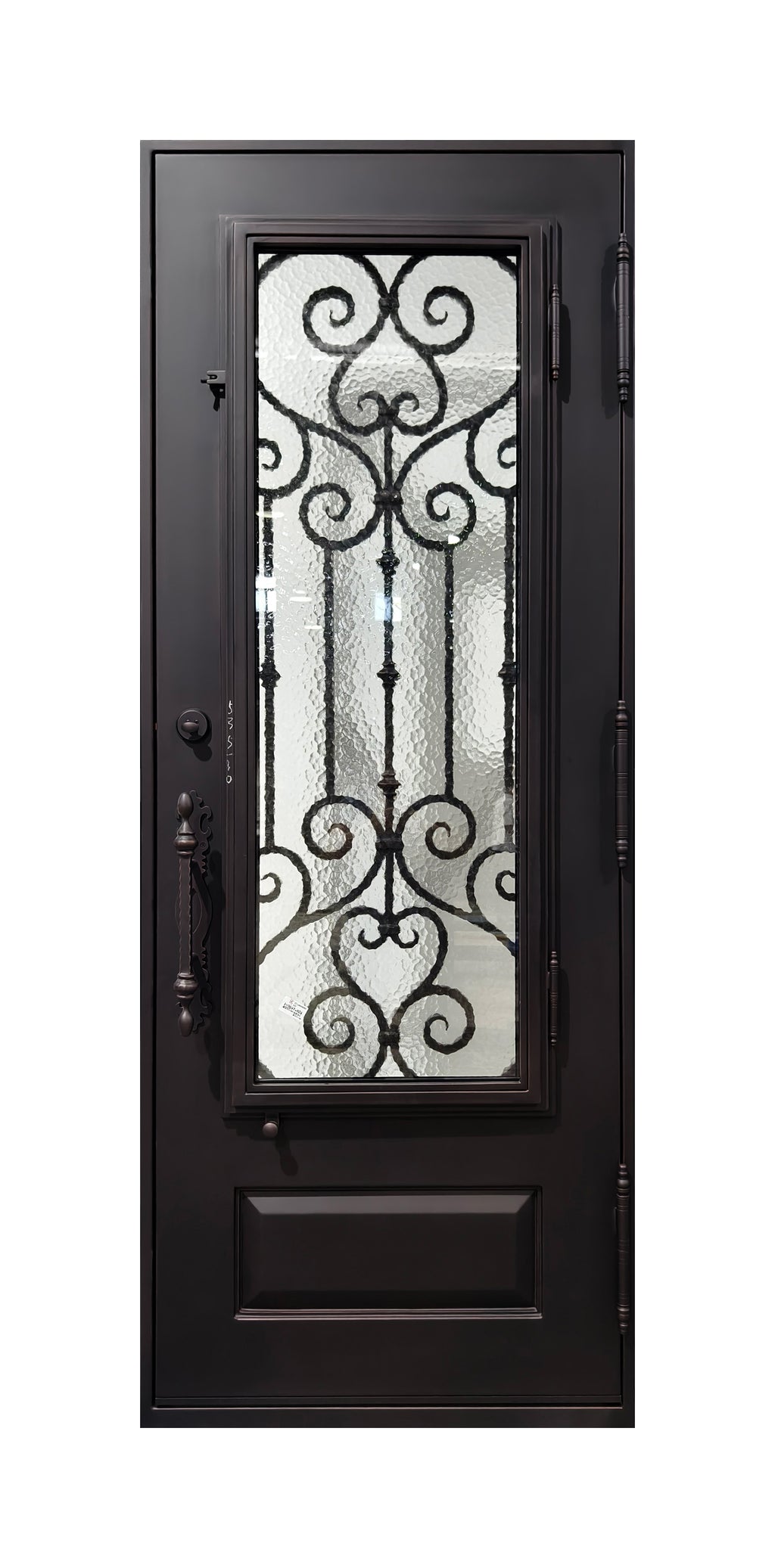 Hand-Forged Scrollwork Wrought Iron Single Entry Door with Kick Panel